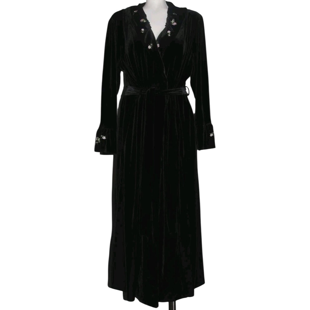 VTG Oscar de la Renta Embroidered Flowers Long Velvet Wrap Robe Cottagecore XL